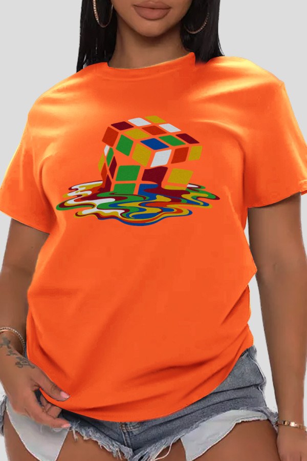 Orange Casual Street Print Patchwork O Neck T-Shirts