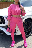 Rose Red Fashion Casual Solid Basic O Neck Long Sleeve Two Pieces