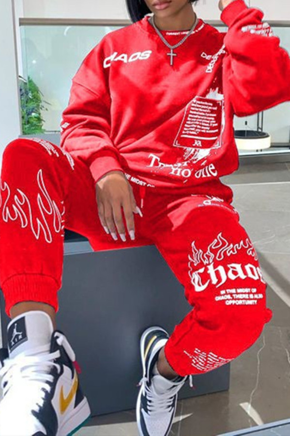 Red Fashion Print Basic O Neck Long Sleeve Two Pieces