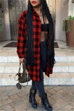 Red Fashion Casual Plaid Print Cardigan Turndown Collar Outerwear