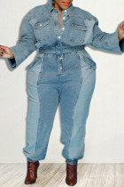 Light Blue Casual Solid Make Old Split Joint Pocket Buckle Turndown Collar Plus Size Jumpsuits