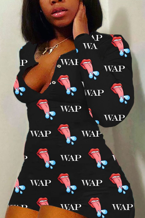 Black Living Print V Neck Rompers