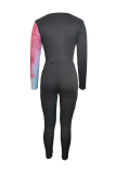 Black Pink Sexy Print Patchwork V Neck Skinny Jumpsuits