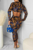 Multicolor Fashion Casual Print Backless Half A Turtleneck Long Sleeve Two Pieces