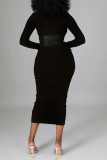 Black Elegant Solid Patchwork Frenulum O Neck One Step Skirt Dresses