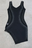 Black Fashion Sexy Patchwork Hot Drilling Tassel V Neck Vest Dress