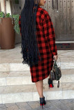 Red Fashion Casual Plaid Print Cardigan Turndown Collar Outerwear