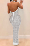 Red Fashion Sexy Patchwork Hot Drilling See-through Halter Sleeveless Dress