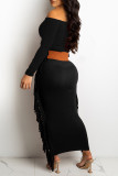 Black Fashion Casual Solid Tassel Off the Shoulder Long Sleeve Dresses (Without Belt)