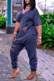 Blue Fashion Casual Solid Ripped V Neck Loose Jumpsuits
