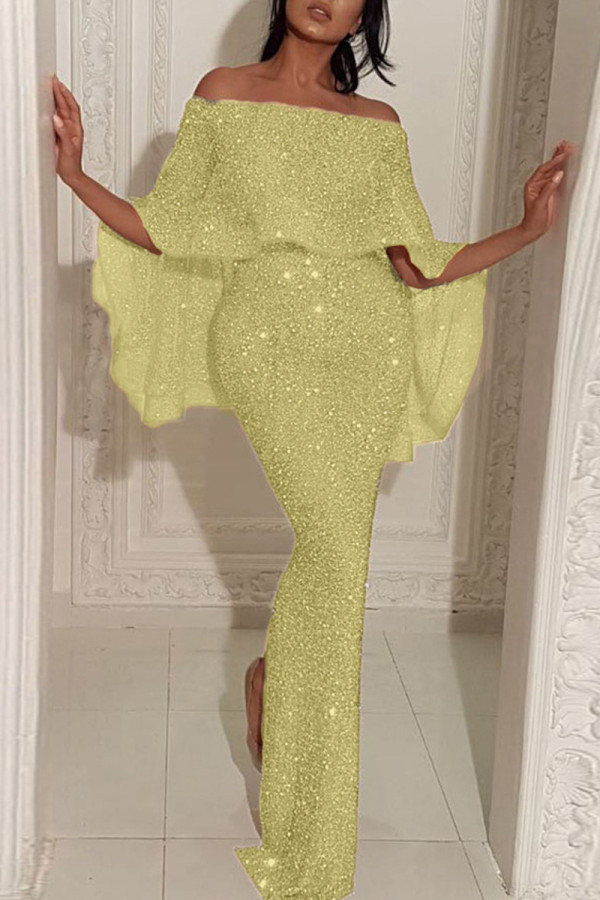 Gold Fashion Sexy Solid Patchwork Slit Off the Shoulder Evening Dress