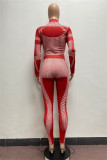 Red Fashion Casual Print Basic Half A Turtleneck Long Sleeve Two Pieces