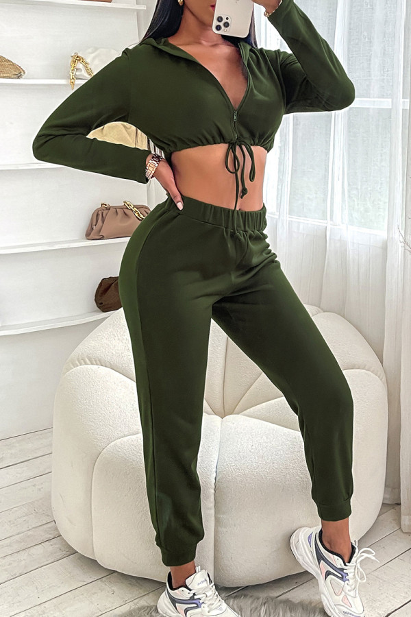 Army Green Fashion Casual Solid Bandage Zipper Collar Long Sleeve Two Pieces