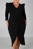 Black Fashion Casual Solid Split Joint V Neck Long Sleeve Plus Size Dresses