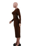 Brown Elegant Solid Patchwork Frenulum O Neck One Step Skirt Dresses