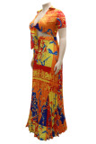 Yellow Casual Vacation Print Bandage Patchwork Fold V Neck Short Sleeve Two Pieces