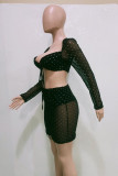 Black Sexy Patchwork Bronzing See-through Square Collar Long Sleeve Two Pieces