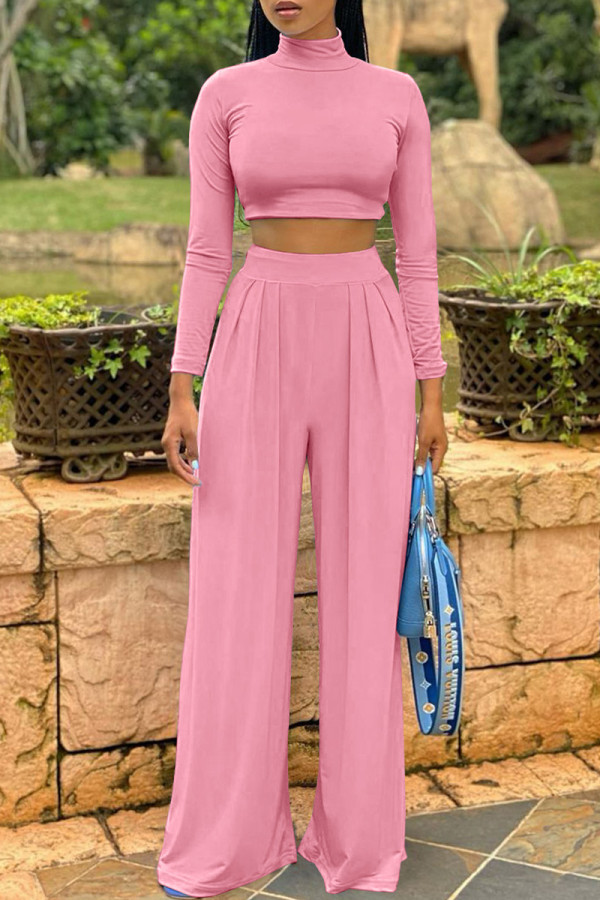 Pink Fashion Casual Solid Basic Turtleneck Long Sleeve Two Pieces