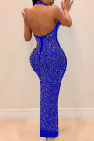 Red Fashion Sexy Patchwork Hot Drilling See-through Halter Sleeveless Dress