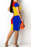 Fluorescent Green Casual Color Lump Print Patchwork Half A Turtleneck Pencil Skirt Dresses