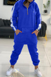 Blue Fashion Casual Patchwork Zipper Hooded Collar Long Sleeve Two Pieces