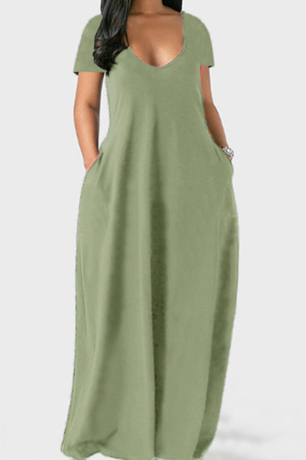 Light Green Casual Solid Patchwork Pocket V Neck Short Sleeve Dress Dresses