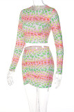 Colour Fashion Casual Print Basic O Neck Long Sleeve Two Pieces