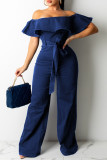 Dark Blue Fashion Casual Solid Backless Off the Shoulder Plus Size Jumpsuits