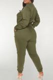 Army Green Fashion Casual Solid Basic Turndown Collar Plus Size Jumpsuits