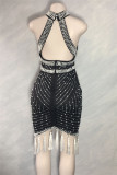 Black Sexy Plus Size Patchwork Tassel Backless Beading Half A Turtleneck Sleeveless Dress