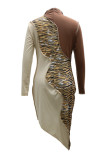 Multicolor Fashion Casual Patchwork Print Leopard Asymmetrical Turtleneck Long Sleeve Dresses