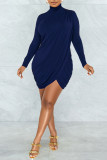 Deep Blue Sexy Solid Split Joint Fold Asymmetrical Turtleneck One Step Skirt Dresses