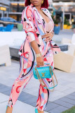 Pink Fashion Casual Print Cardigan Pants Turndown Collar Long Sleeve Two Pieces