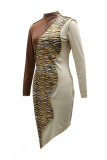 Multicolor Fashion Casual Patchwork Print Leopard Asymmetrical Turtleneck Long Sleeve Dresses