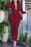 Red Fashion Casual Solid Split Joint Flounce Turndown Collar Long Sleeve Two Pieces