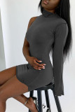 Grey Sexy Casual Solid Slit Turtleneck Long Sleeve Dresses