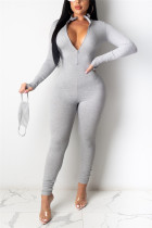 Gray Fashion Sexy Zipper Collar Long Sleeve Regular Sleeve Skinny Letter Embroidery Jumpsuits