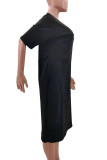 Dark Blue Fashion Casual Solid Basic V Neck Short Sleeve Dress