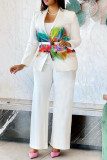 White Fashion Casual Print Cardigan Pants Turndown Collar Long Sleeve Two Pieces (Without Belt)