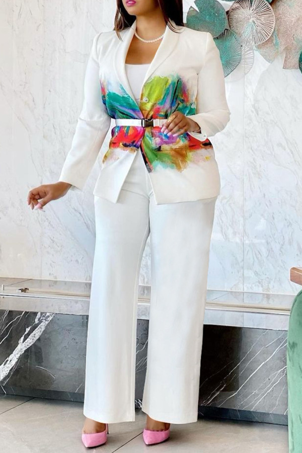 White Fashion Casual Print Cardigan Pants Turndown Collar Long Sleeve Two Pieces (Without Belt)
