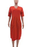 Red Fashion Casual Solid Basic V Neck Short Sleeve Dress