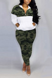 Red Fashion Casual Zipper Collar Long Sleeve Regular Sleeve Patchwork Camouflage Print Plus Size Set
