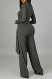 Grey Casual Solid Split Joint Asymmetrical V Neck Long Sleeve Two Pieces