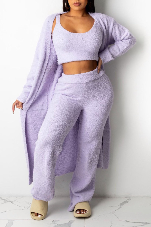 Purple Casual Solid Patchwork U Neck Long Sleeve Three Pieces