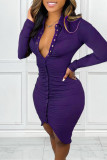 Purple Fashion Casual Solid Fold Turndown Collar Long Sleeve Dresses