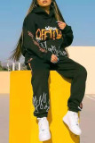Black Fashion Casual Print Basic Hooded Collar Long Sleeve Two Pieces