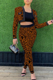 White Sexy Plaid Print Leopard Patchwork Long Sleeve Two Pieces