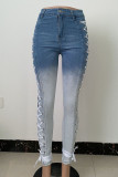 Light Color Street Gradual Change Solid Bandage Split Joint High Waist Regular Denim Jeans