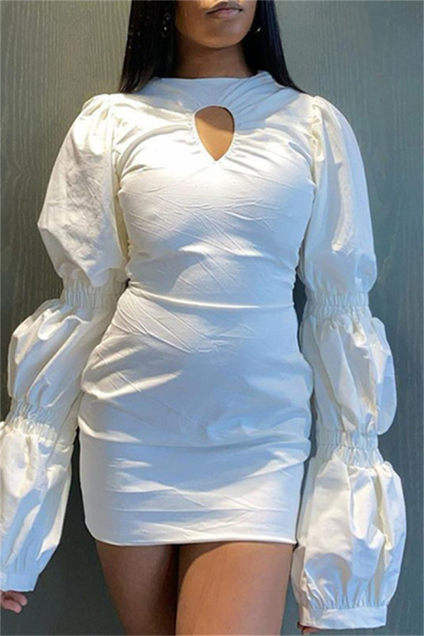 White Fashion Casual Solid Hollowed Out O Neck Long Sleeve Dresses