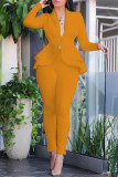 Orange Fashion Casual Solid Split Joint Flounce Turndown Collar Long Sleeve Two Pieces